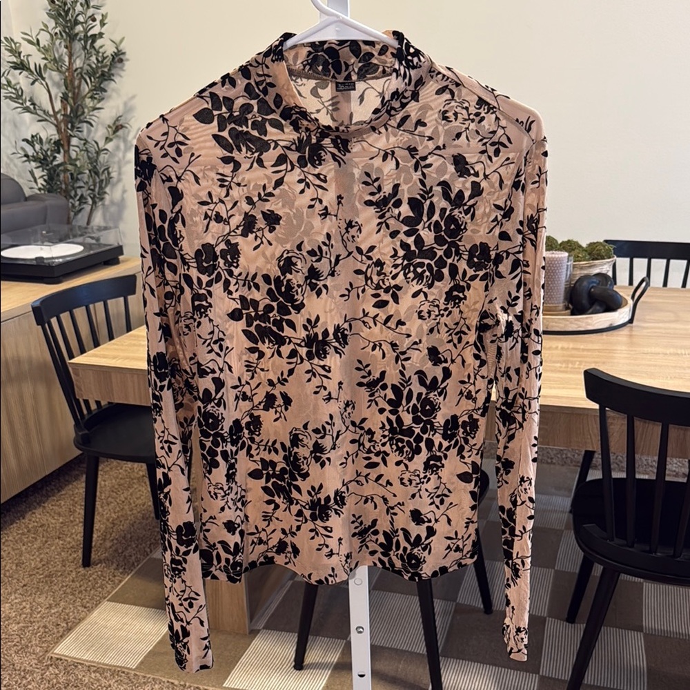 Tan Fitted Long Sleeve Sheer Blouse with black velvet floral design NWOT